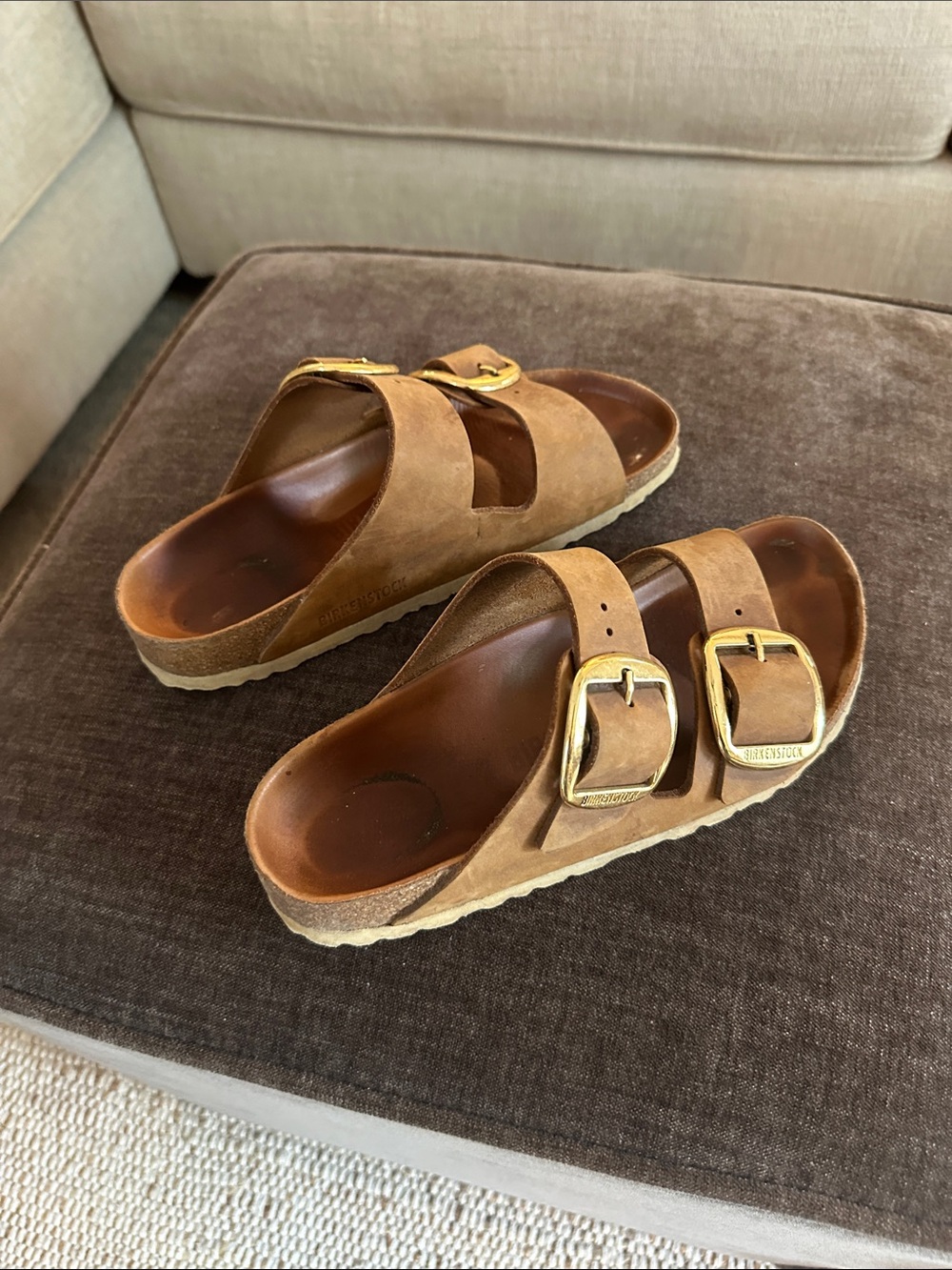 Brown Double-Buckle Slide Sandals - Suede Upper